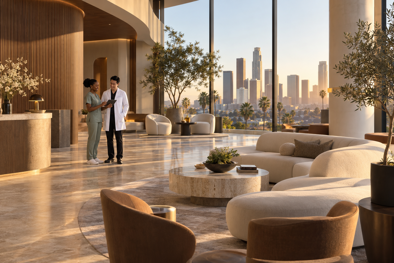 Illustrative nurse and supervising physician in a Los Angeles-inspired medical-spa lobby