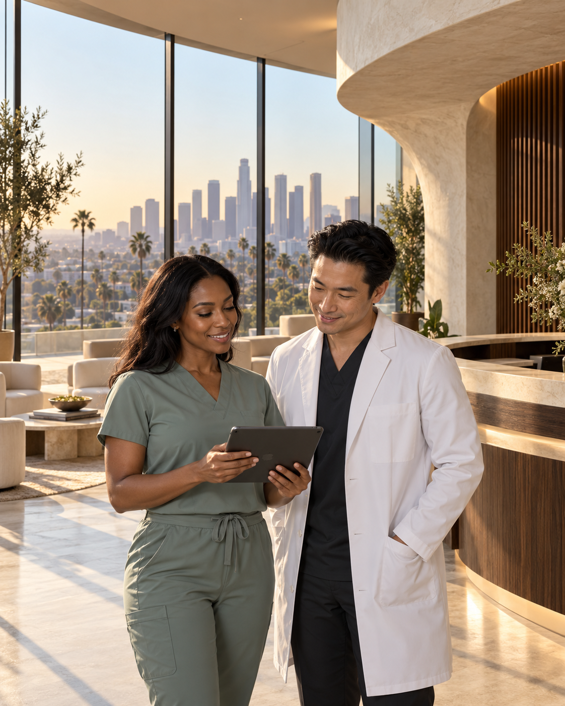 Illustrative medical professionals in a clinical reception setting