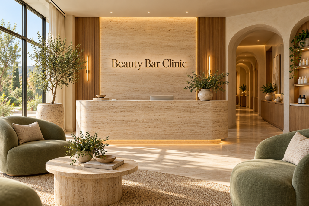 AI illustration of a fictional Beauty Bar Clinic reception; not actual premises