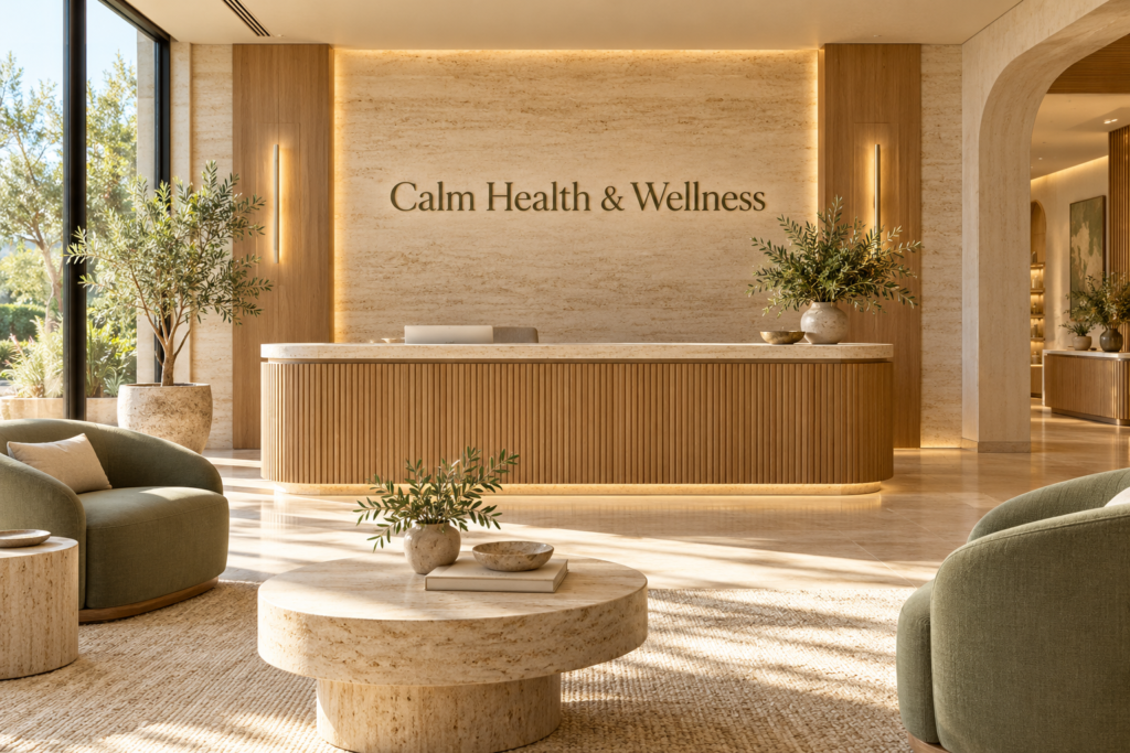 AI illustration of a fictional Calm Health & Wellness reception; not actual premises