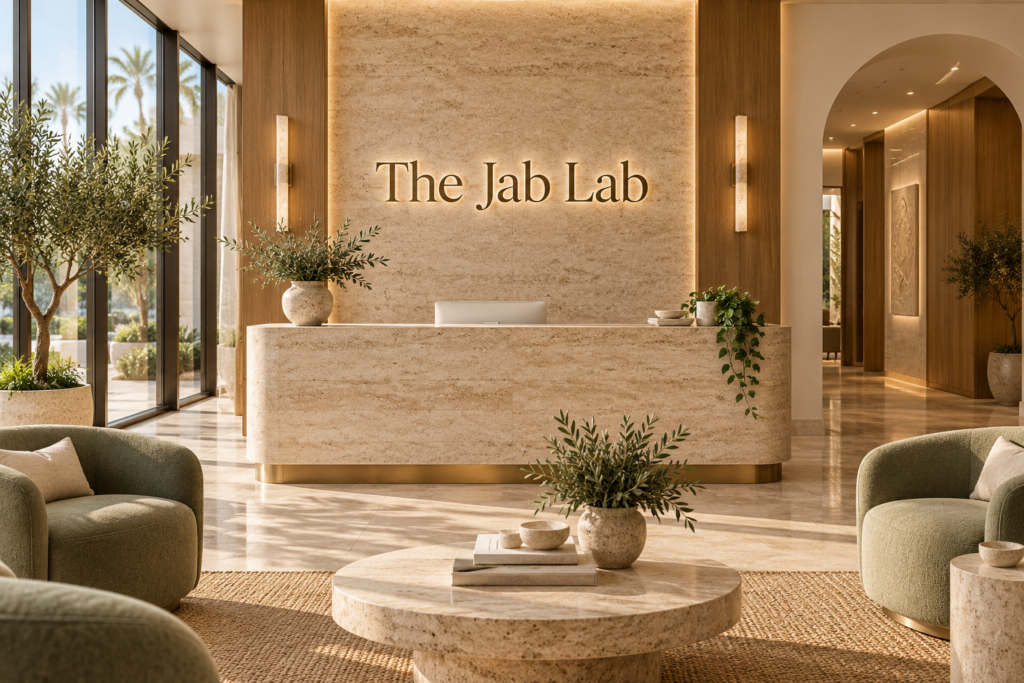 AI illustration of a fictional The Jab Lab reception; not actual premises