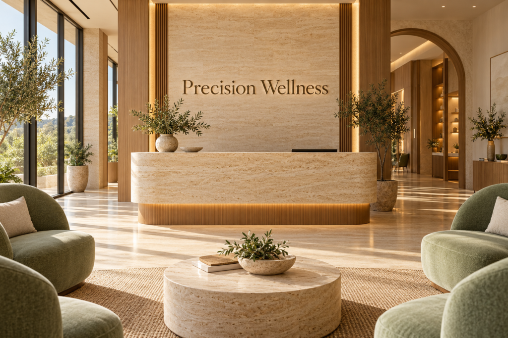 AI illustration of a fictional Precision Wellness reception; not actual premises