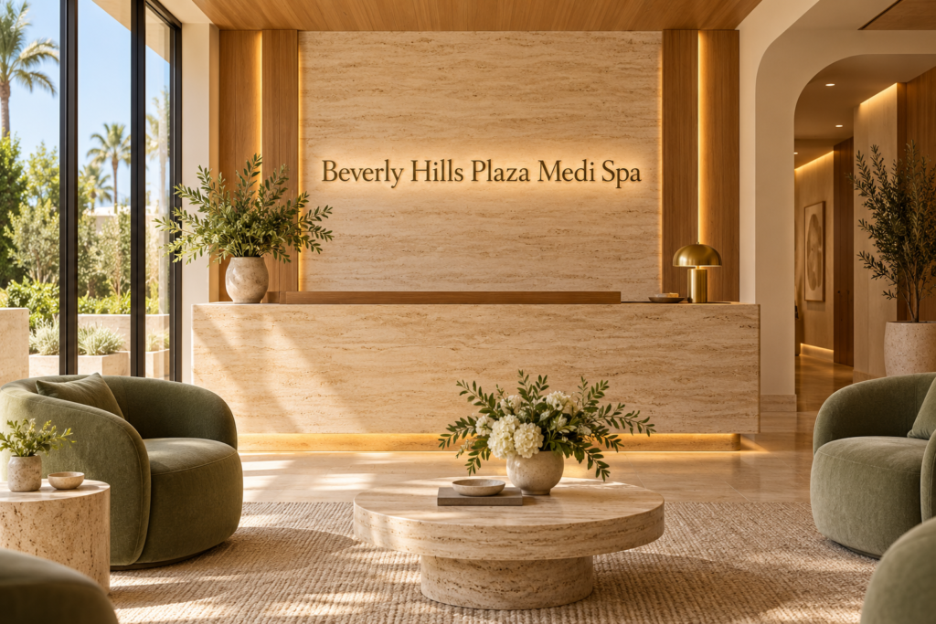 AI illustration of a fictional Beverly Hills Plaza Medi Spa reception; not actual premises