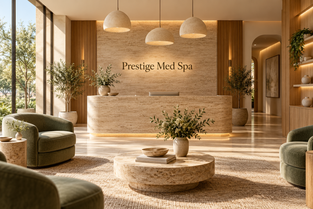 AI illustration of a fictional Prestige Med Spa reception; not actual premises