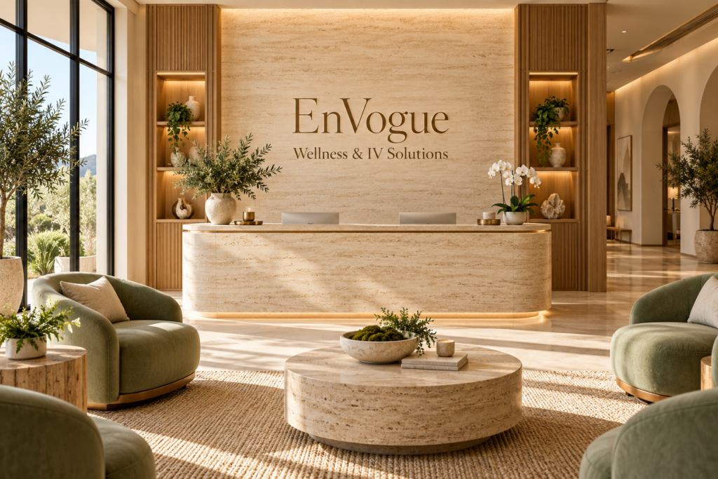 AI illustration of a fictional EnVogue Wellness & IV Solutions reception; not actual premises