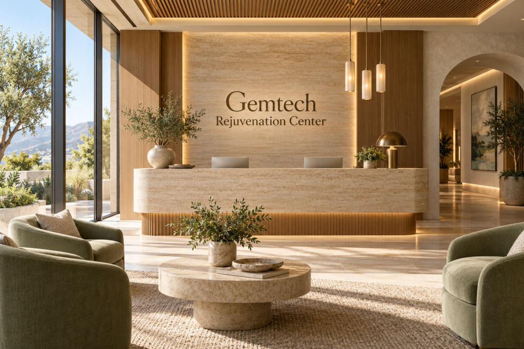 AI illustration of a fictional Gemtech Rejuvenation Center reception; not actual premises
