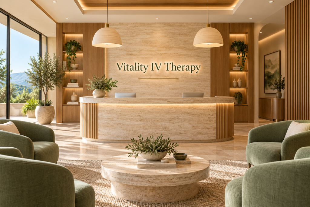 AI illustration of a fictional Vitality IV Therapy reception; not actual premises