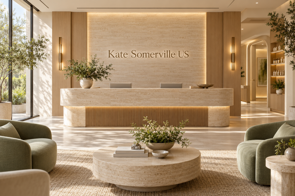 AI illustration of a fictional Kate Somerville US reception; not actual premises