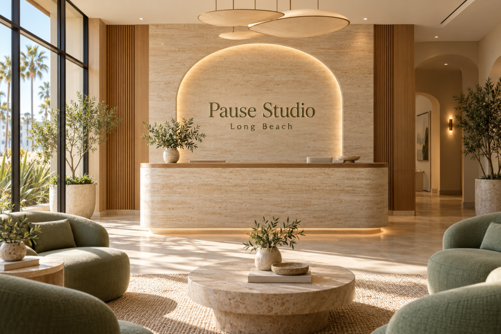 AI illustration of a fictional Pause Studio Long Beach reception; not actual premises