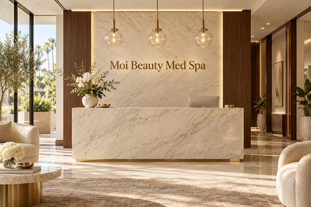 AI illustration of a fictional Moi Beauty Med Spa reception; not actual premises