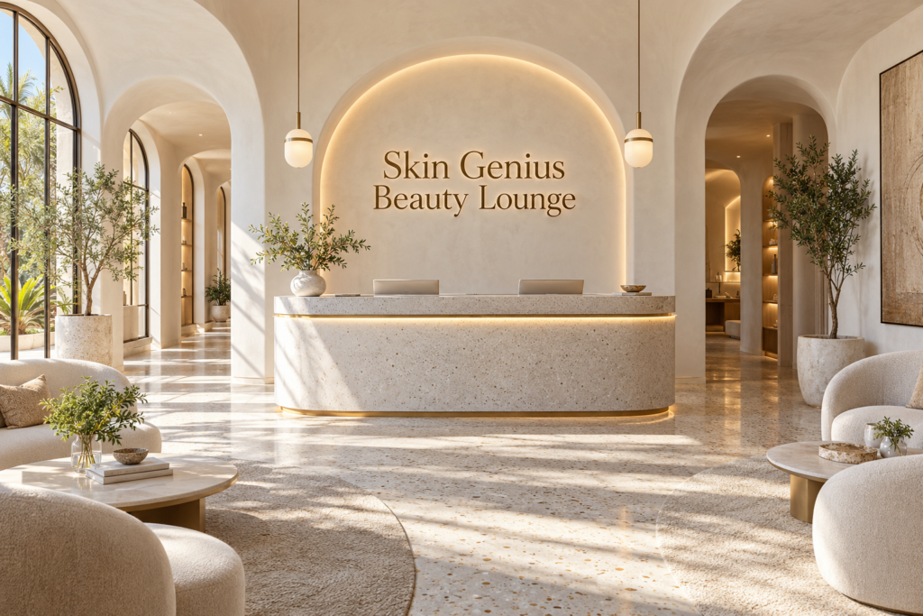 AI illustration of a fictional Skin Genius Beauty Lounge reception; not actual premises
