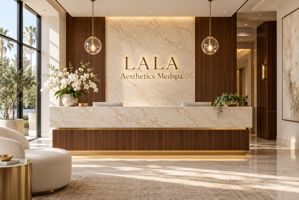 AI illustration of a fictional LALA Aesthetics Medspa reception; not actual premises