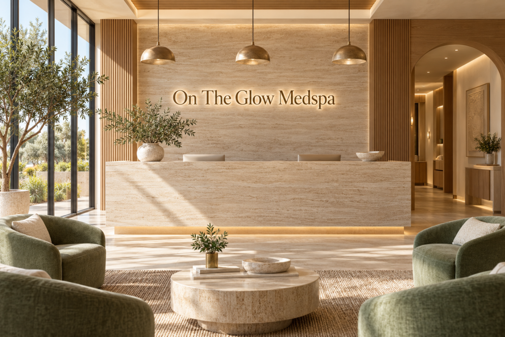 AI illustration of a fictional On The Glow Medspa reception; not actual premises