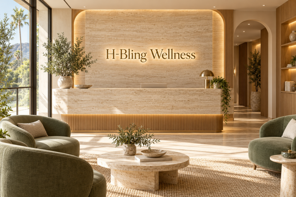 AI illustration of a fictional H-Bling Wellness reception; not actual premises