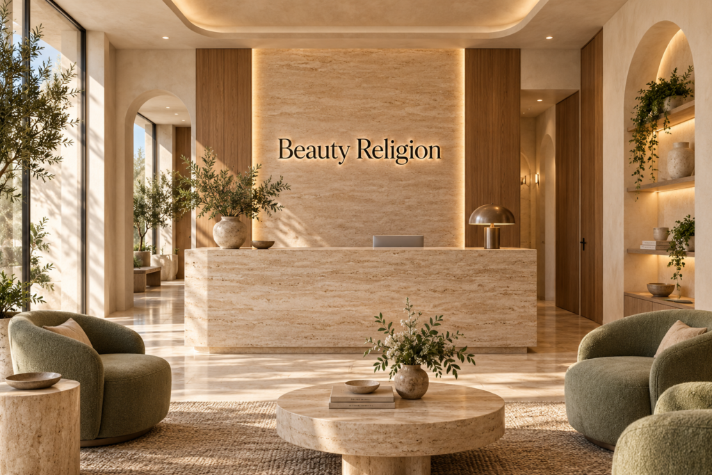 AI illustration of a fictional Beauty Religion reception; not actual premises