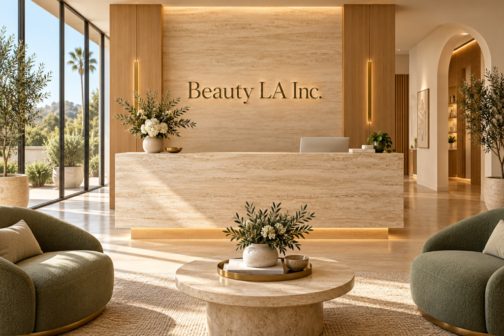 AI illustration of a fictional Beauty LA Inc. reception; not actual premises